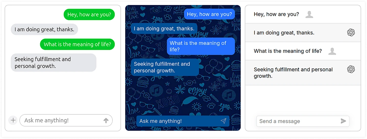 Chatbot conversation interface showing three message exchanges about life meaning and personal growth