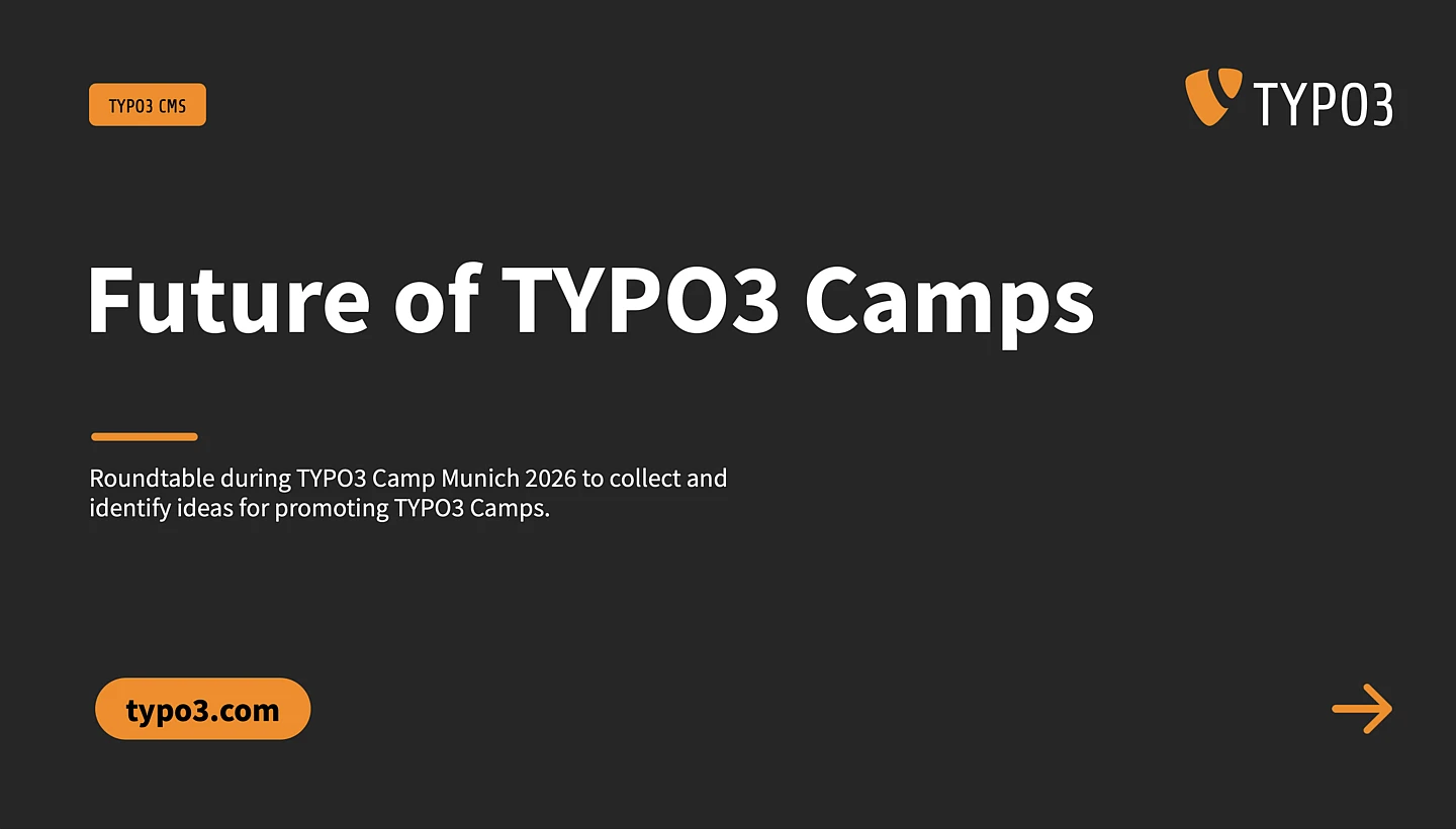 Presentation slide used as a visual for the blog. The headline on the visual states: Future of TYPO3 Camps - Roundtable during TYPO3 Camp Munich 2026 to collect and identify ideas for promoting TYPO3 Camps.