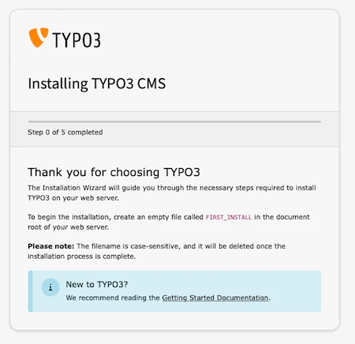 Step 0 - create the FIRST_INSTALL file. A screenshot of the installation tool.