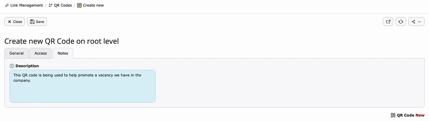 Screenshot der Registerkarte "Zugriff" im Fenster "Neues QRC erstellen".