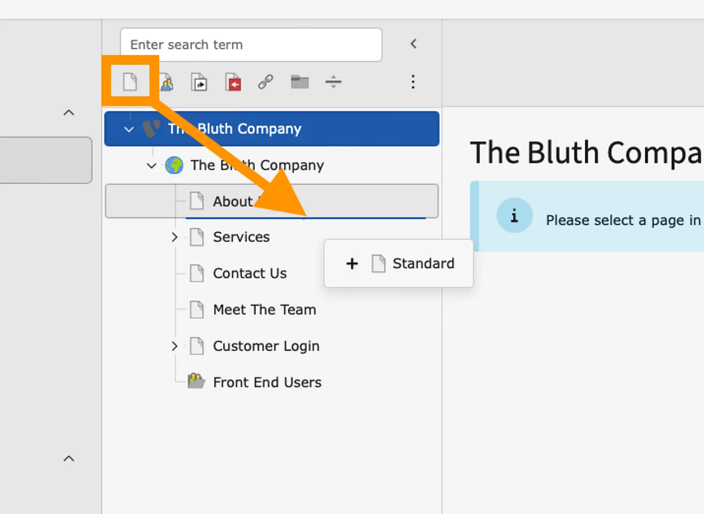 Screenshot showing how you drag and drop the create page icon into the page tree