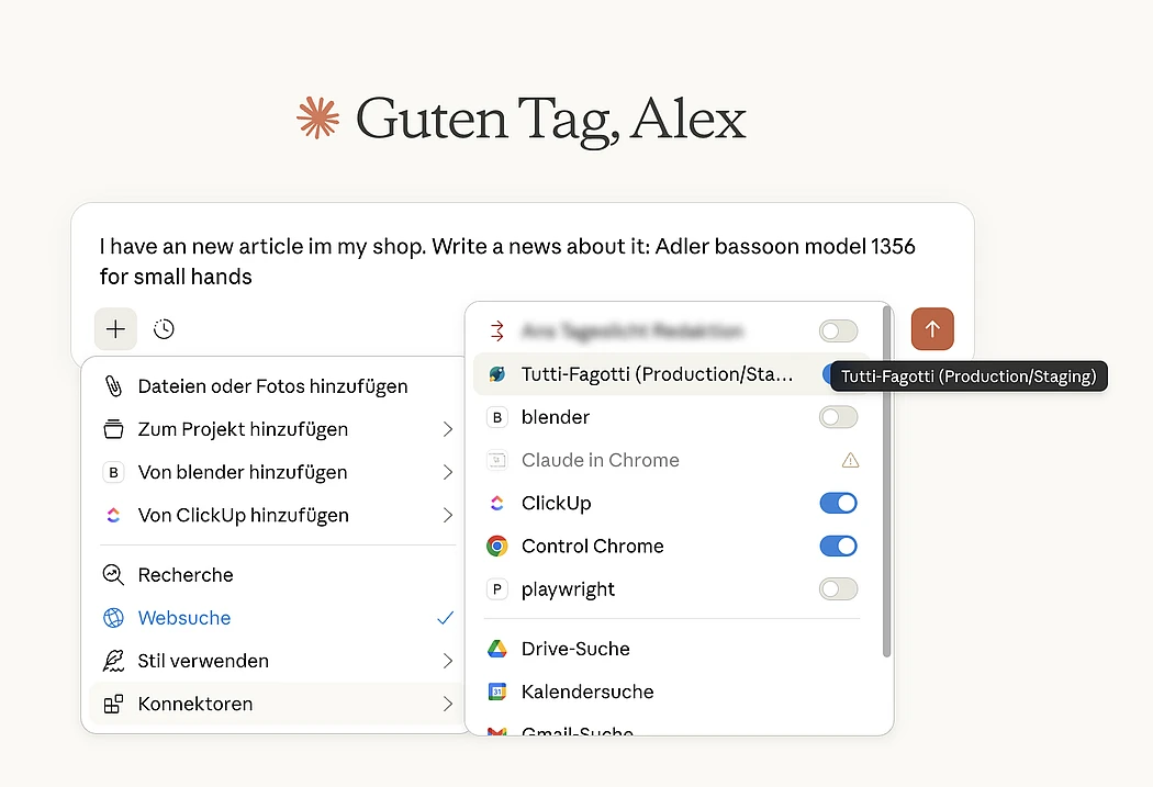 An AI chat interface says "Guten Tag, Alex" in German and a prompt with a task to write a news article about an Adler bassoon. A side menu displays options to add files, links, and web searches, with apps like Tutti-Fagotti and ClickUp visible.
