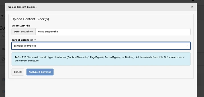 A software interface shows an Upload Content Block(s) window with options to select a ZIP file, a dropdown for Target Extension set to samples, and an information box about ZIP file requirements.