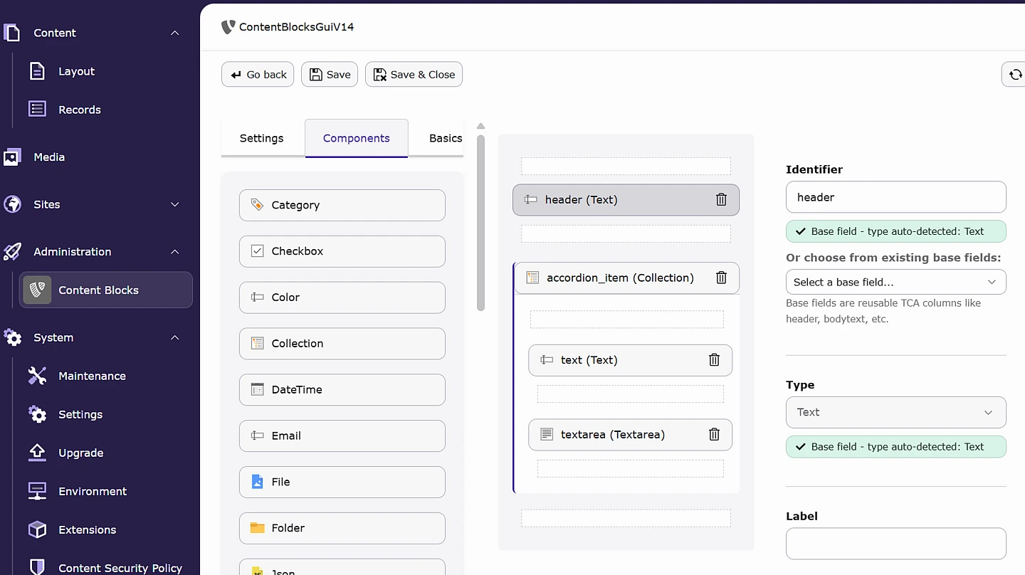 Content management interface showing a Content Blocks section. The screen displays a sidebar menu on the left and a components editor on the right, with header, accordion item, text, and textarea elements.