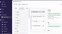 Content management interface showing a Content Blocks section. The screen displays a sidebar menu on the left and a components editor on the right, with header, accordion item, text, and textarea elements.