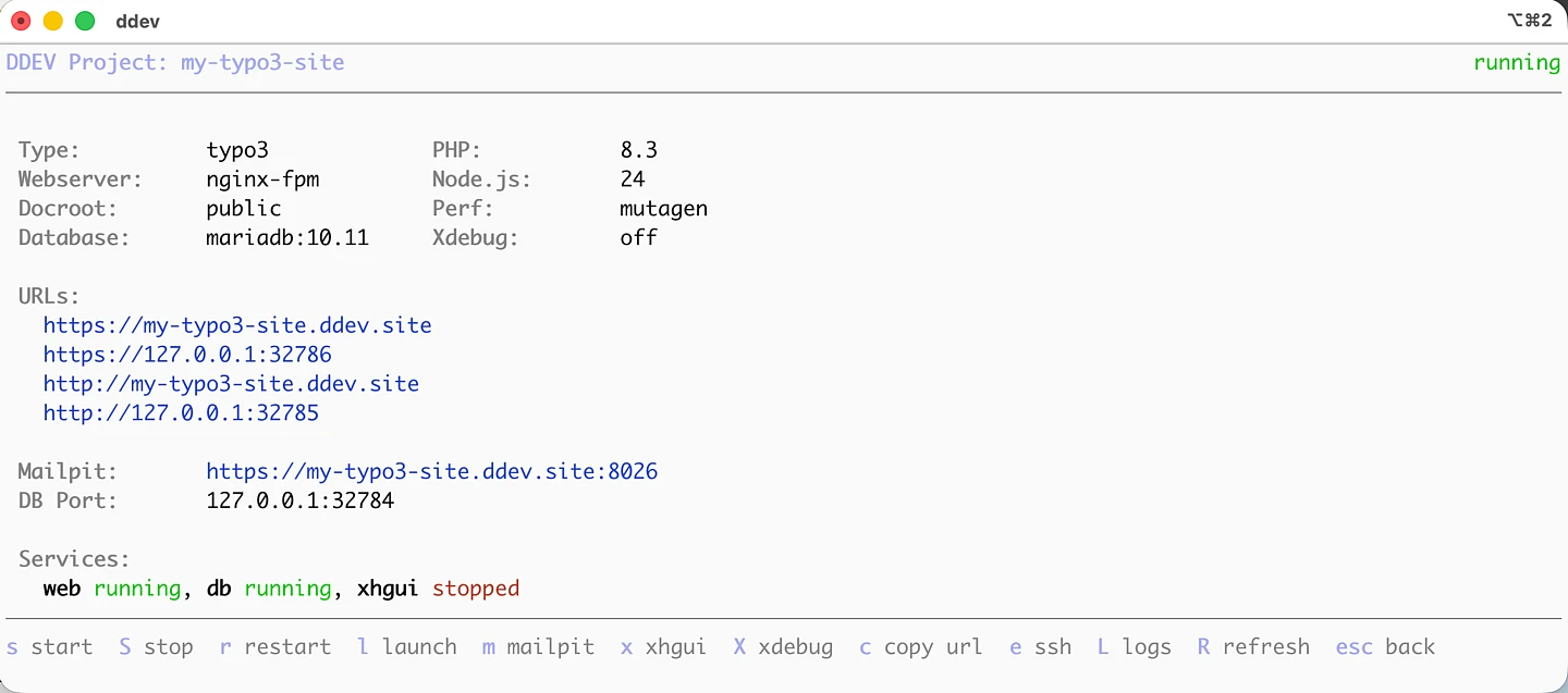 A terminal window displays DDEV status for a TYPO3 project, showing environment details, URLs, DB info, and service statuses: web and db running, xhgui stopped. Command menu is visible at the bottom.