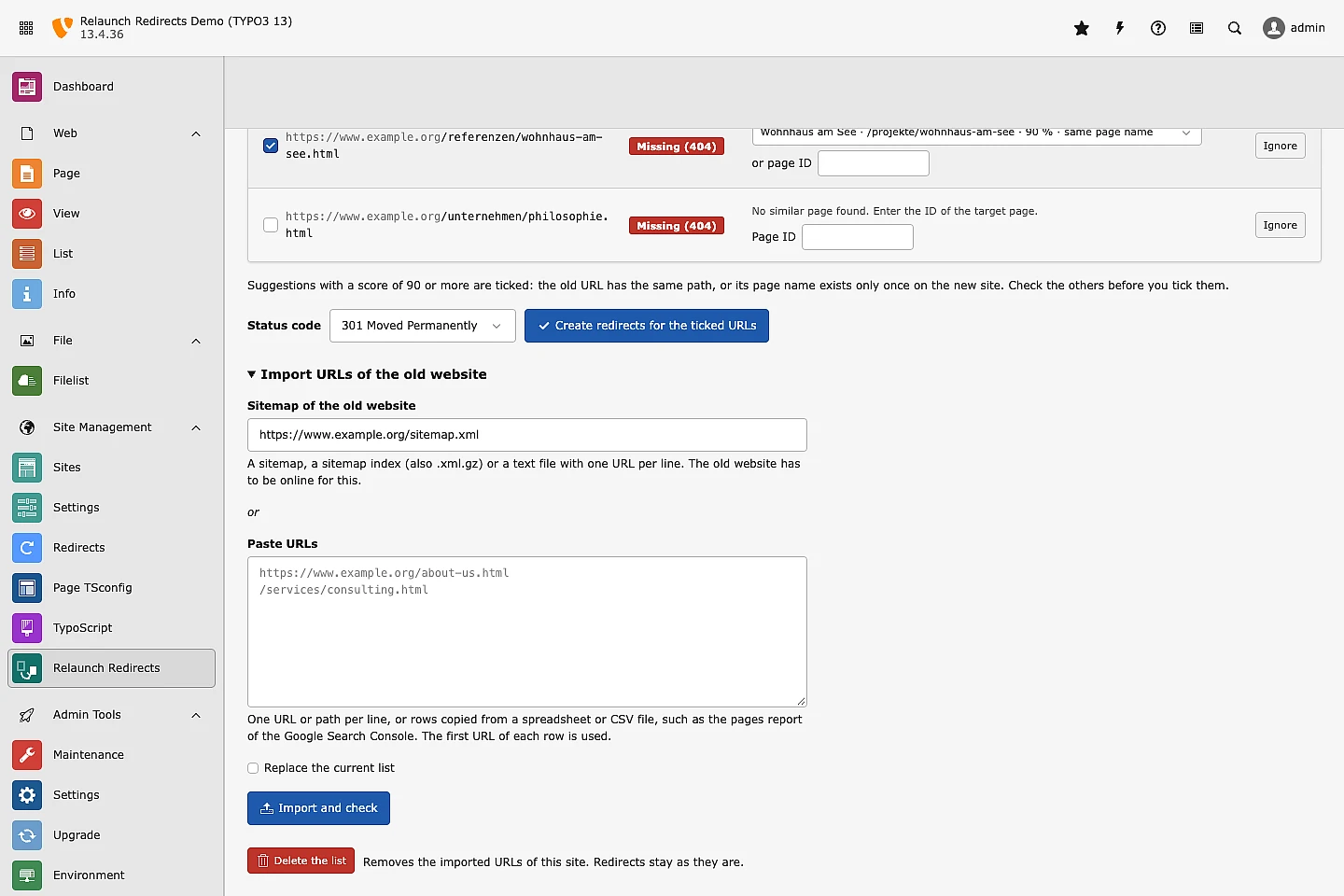 TYPO3 Relaunch Redirects Demo interface showing missing 404 pages and URL redirect management tools