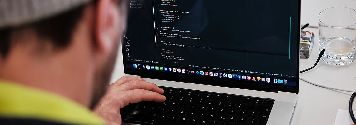 A person photographed close from behind is typing some code into their laptop.
