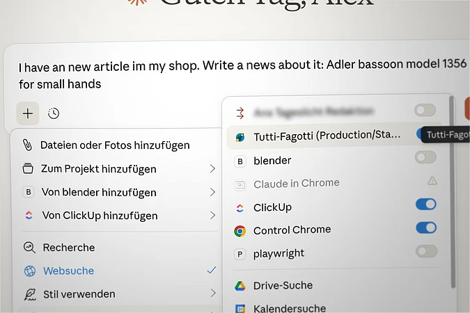 An AI chat interface with a prompt tasking the AI to write a news article about an Adler bassoon. A side menu displays options to add files, links, and web searches, with apps like Tutti-Fagotti and ClickUp visible.