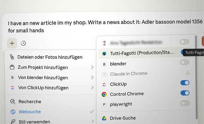 An AI chat interface with a prompt tasking the AI to write a news article about an Adler bassoon. A side menu displays options to add files, links, and web searches, with apps like Tutti-Fagotti and ClickUp visible.