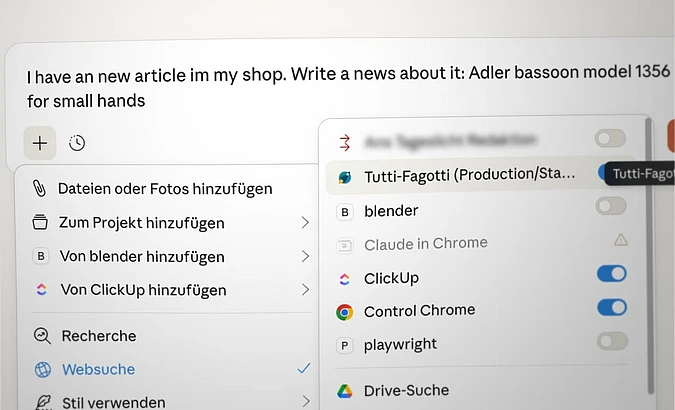 An AI chat interface with a prompt tasking the AI to write a news article about an Adler bassoon. A side menu displays options to add files, links, and web searches, with apps like Tutti-Fagotti and ClickUp visible.