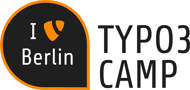 Logo for TYPO3 Camp Berlin. On the left, a black speech bubble with an orange border displays I, the TYPO3 logo, and Berlin. On the right, large text reads TYPO3 CAMP.
