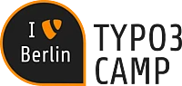 Logo for TYPO3 Camp Berlin. On the left, a black speech bubble with an orange border displays I, the TYPO3 logo, and Berlin. On the right, large text reads TYPO3 CAMP.