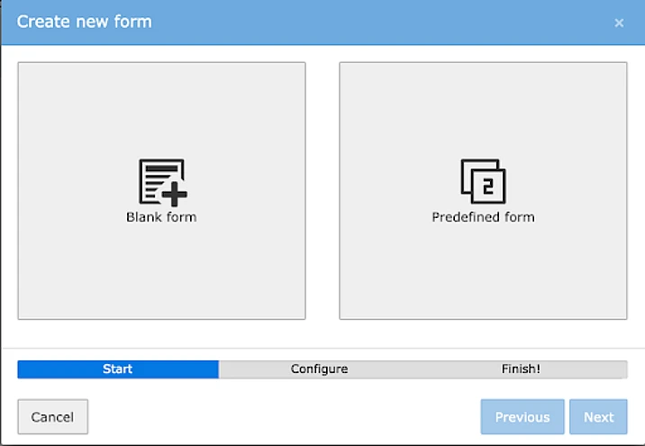 Screenshot of “Create new form” popup, part 1.