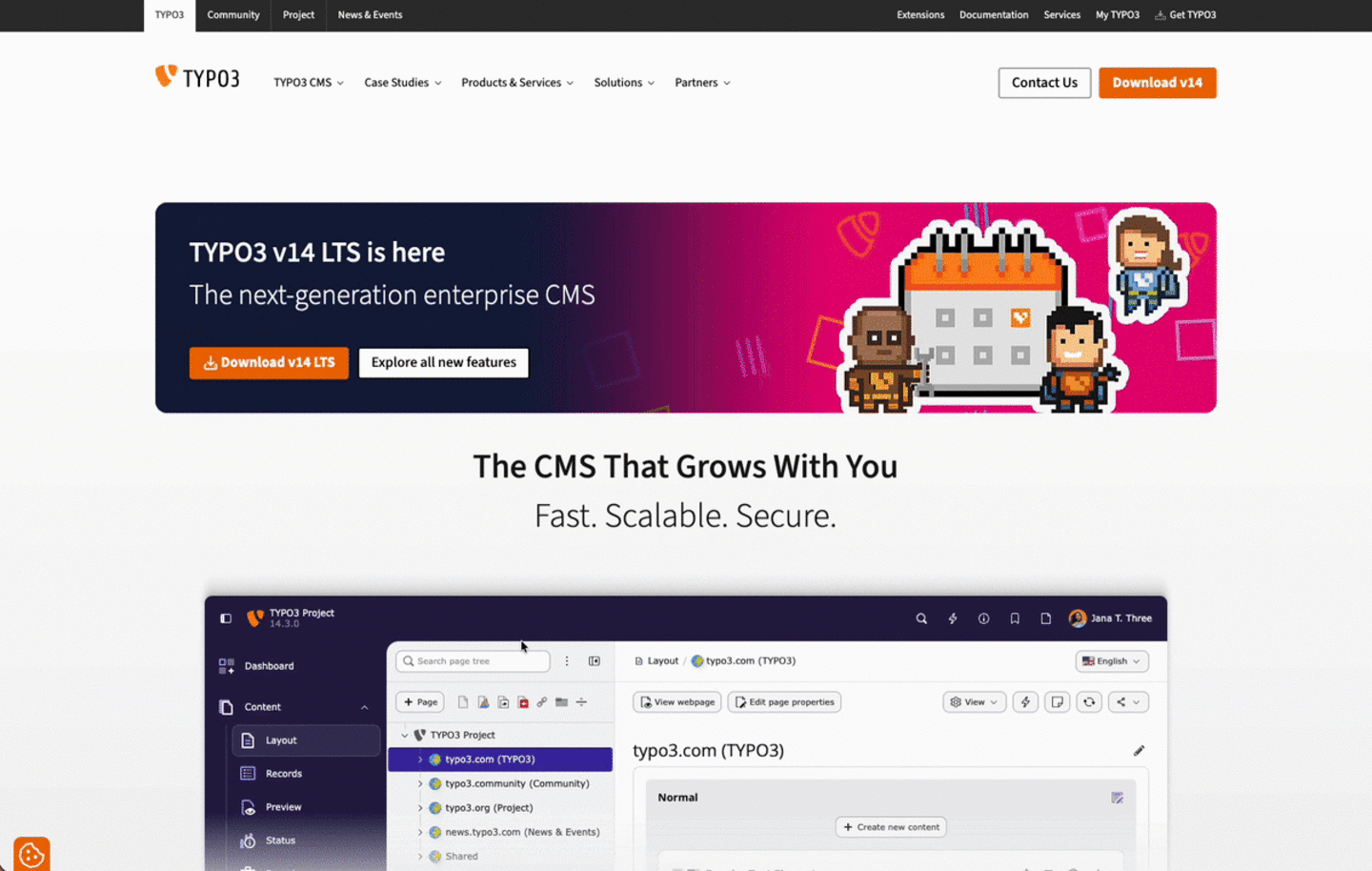 Animated demonstration of the TYPO3 Universe navigation bar,  switching between typo3.com, typo3.org, typo3.community,  and further ecosystem platforms with a unified design.