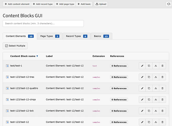 A web interface titled Content Blocks GUI displays a searchable list of content blocks with tabs, filters, and options to add elements or upload. Each row lists block name, label, extension, references, and action icons.