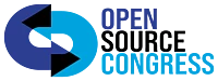 Logo with two interlocking blue shapes and black arrows, next to the words OPEN SOURCE CONGRESS in blue and black.