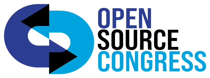 Logo with two interlocking blue shapes and black arrows, next to the words OPEN SOURCE CONGRESS in blue and black.