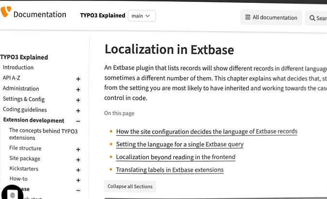 TYPO3 Documentation page about Localization in Extbase, showing navigation menu and content overview