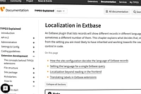 TYPO3 Documentation page about Localization in Extbase, showing navigation menu and content overview