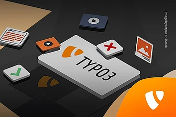 3D illustration of a TYPO3 interface card surrounded by media, text, check, and close icons on a dark background.