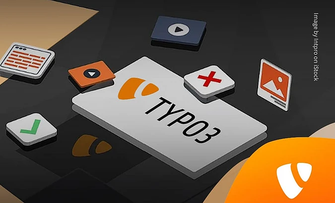 3D illustration of a TYPO3 interface card surrounded by media, text, check, and close icons on a dark background.