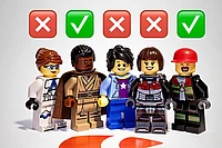 Five LEGO minifigures stand side by side. Above their heads are icons: the first, third, and fourth have red Xs, while the second and fifth have green check marks. They are posed on a white background.