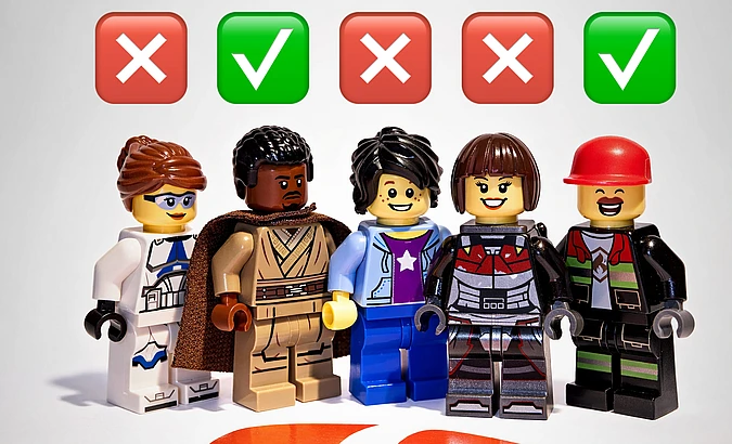 Five LEGO minifigures stand side by side. Above their heads are icons: the first, third, and fourth have red Xs, while the second and fifth have green check marks. They are posed on a white background.