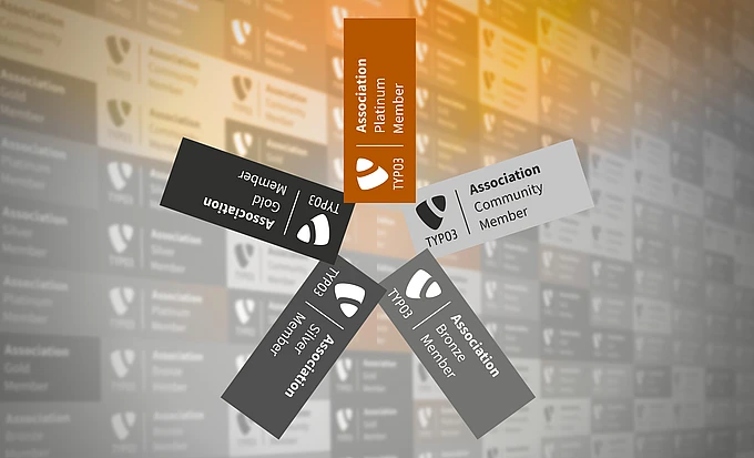 Five TYPO3 Association membership badges (Platinum, Gold, Silver, Bronze, Community) arranged in a star pattern, with a blurred background of similar cards in shades of gold, grey, and white.