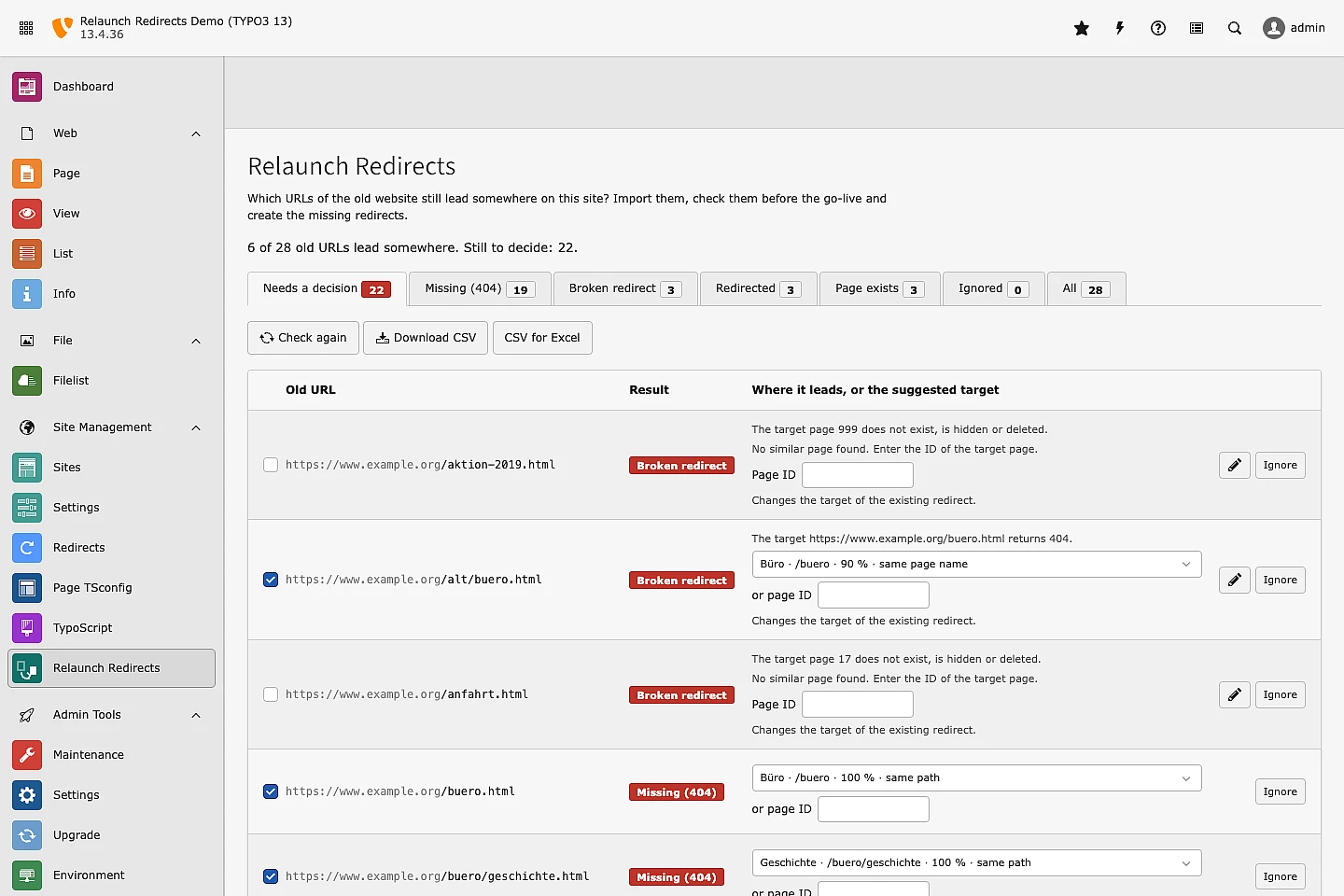 TYPO3 Relaunch Redirects Demo interface showing URL redirect management with status indicators for broken, missing, and redirected links.