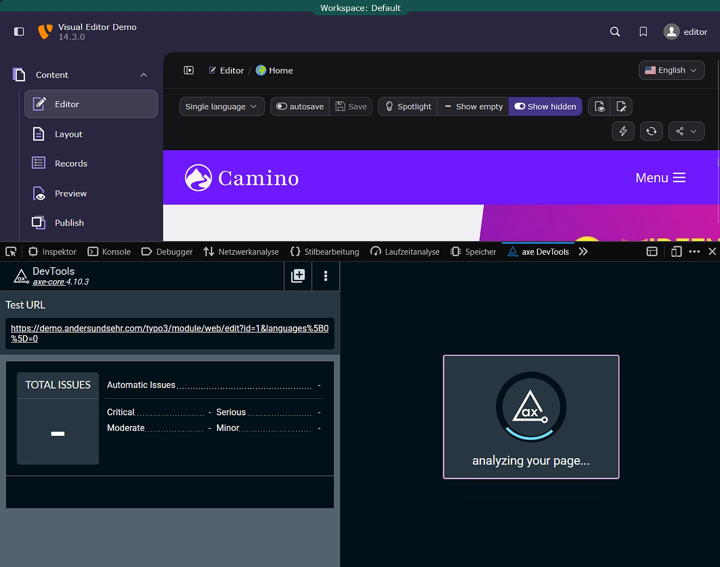 A computer screen shows the TYPO3 backend with a page being visually edited, issue tracking panel, and a DevTools window analyzing the webpage. The workspace is named Default.