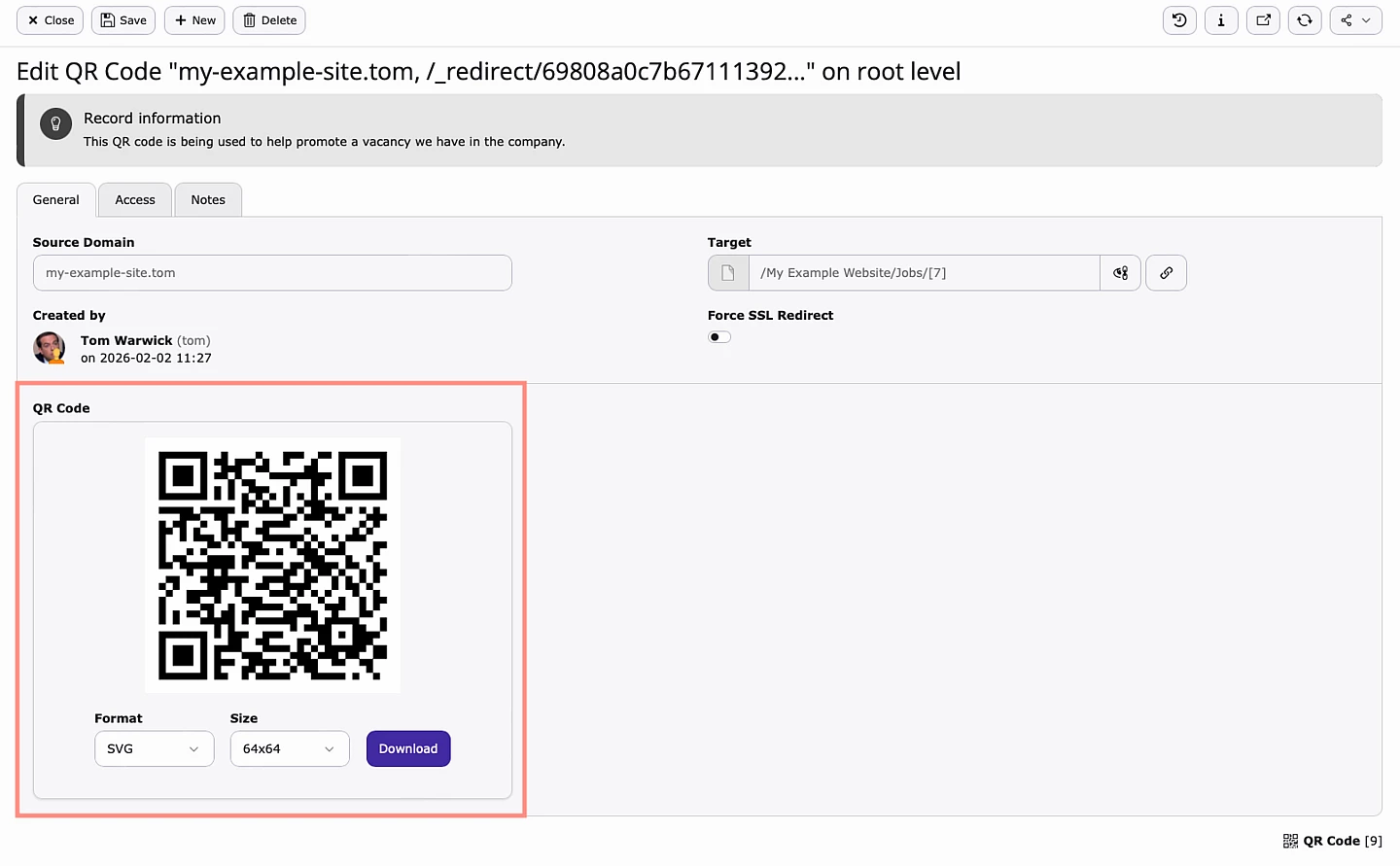 Screenshot des QRC-Optionsmenüs zum Herunterladen