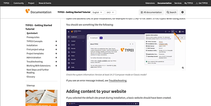 Screenshot of docs.typo3.org after the visual relaunch,  showing the Getting Started Tutorial with the unified TYPO3 design.