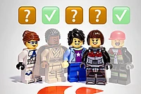 Five LEGO minifigures stand in a row, each under a symbol; three have orange question marks above them, and two have green check marks above them and are slightly transparent. Light gray background and a TYPO3 logo on the ground.