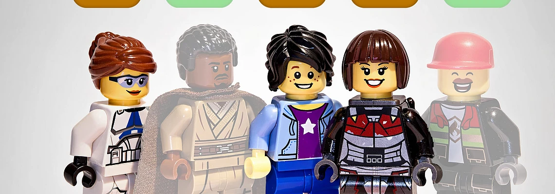 Five LEGO minifigures stand in a row, each under a symbol; three have orange question marks above them, and two have green check marks above them and are slightly transparent. Light gray background and a TYPO3 logo on the ground.