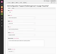 Configuration form for Support Chatbot (gpt-oss) with fields for name, model, URL, API key, and system prompt settings