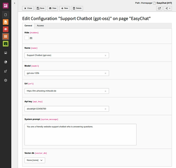 Configuration form for Support Chatbot (gpt-oss) with fields for name, model, URL, API key, and system prompt settings