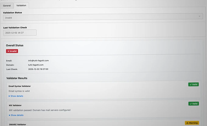 A screenshot of a dashboard that displays the validation status of the email info@tutti-fagotti.com. The email and MX validators are valid, but the DMARC validator shows a warning. Overall status is marked as invalid.