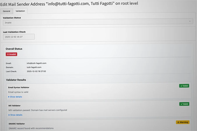 A screenshot of a dashboard that displays the validation status of the email info@tutti-fagotti.com. The email and MX validators are valid, but the DMARC validator shows a warning. Overall status is marked as invalid.