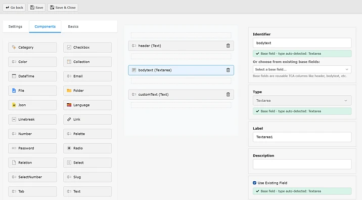 A web interface for editing content blocks, showing options to add fields like checkbox, date, relation, and more. The main area displays fields for header, body text, and custom text, with settings on the right.