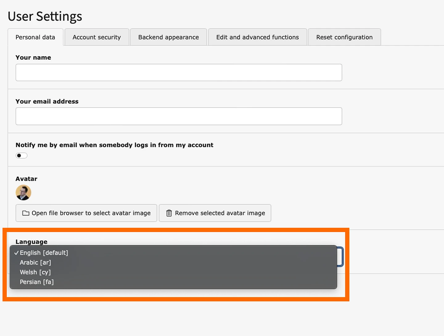 A screenshot of the User settings module with a drop down showing four additional languages available to the user. Including Welsh, Arabic and Persian.