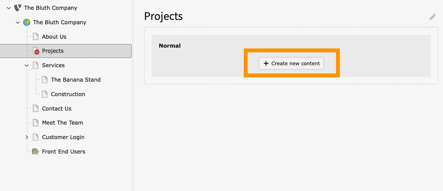 A screenshot of TYPO3 page module with a page selected and the "Create new content" button highlighted 