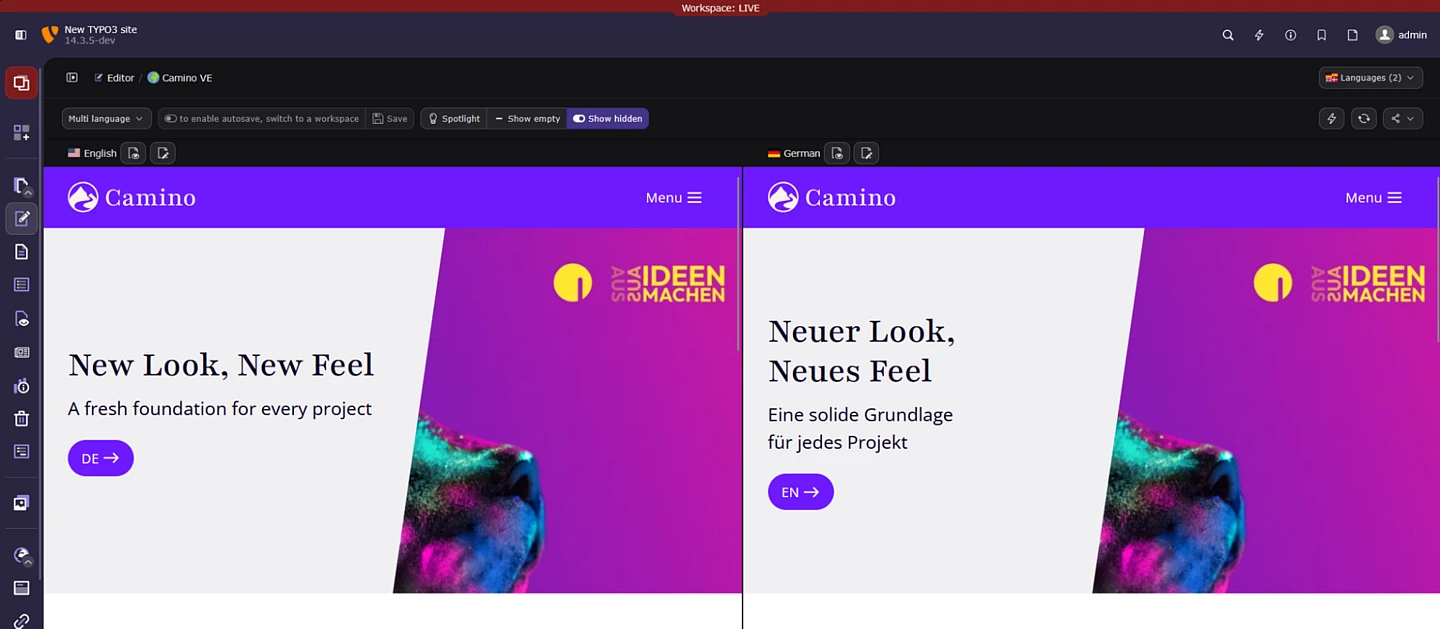 A desktop screen shows two browser windows side by side displaying the Camino website, with English (“New Look, New Feel”) on the left and German (“Neuer Look, Neues Feel”) on the right.