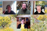 A video call screenshot with four smiling people wearing headsets, shown in separate frames over a background of colorful, illustrated plants and flowers. Two people appear outdoors; two are in rooms with bookshelves and household objects.