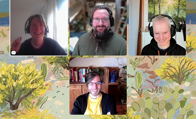 A video call screenshot with four smiling people wearing headsets, shown in separate frames over a background of colorful, illustrated plants and flowers. Two people appear outdoors; two are in rooms with bookshelves and household objects.