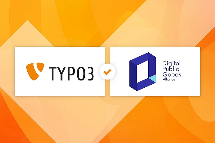 TYPO3 and Digital Public Goods Alliance logos connected by an orange checkmark.