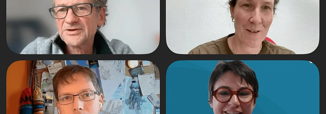 Four portrait photos of people in a video call grid layout