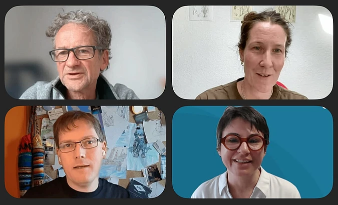 Four portrait photos of people in a video call grid layout