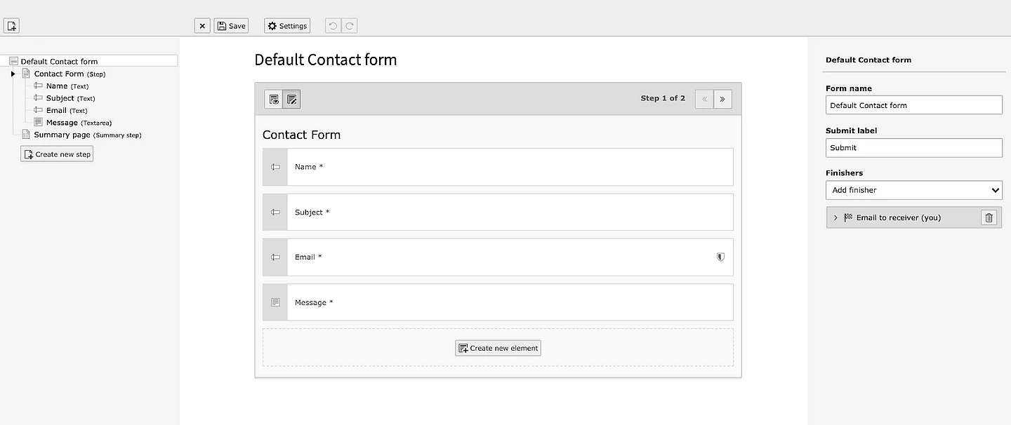 Screenshot of layout for “Default Contact form.”