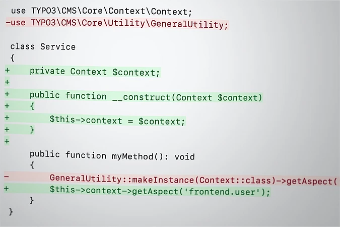 A close-up of PHP code shows syntax highlighting. Certain lines are highlighted green and others red, indicating additions and deletions. The code defines a class Service with methods and references to GeneralUtility and context aspects.